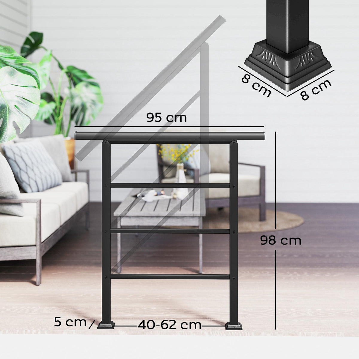 Adjustable Metal Stair Handrail, Black, 0-45 Angle, 1-3 Steps