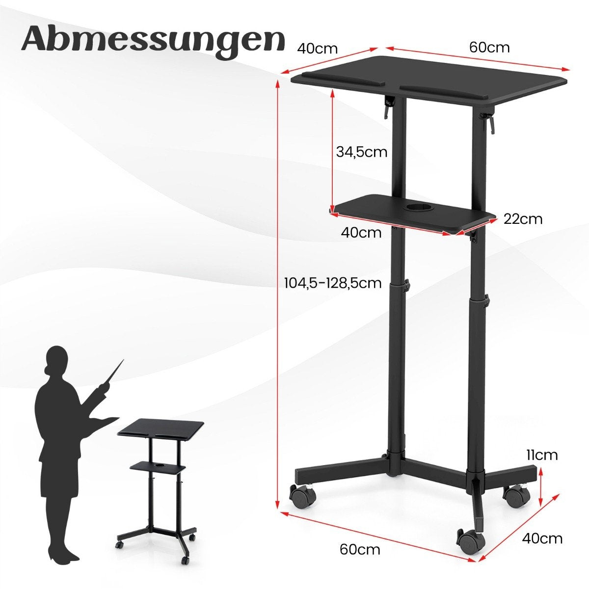 Adjustable Mobile Podium with Tilt Tabletop, Black
