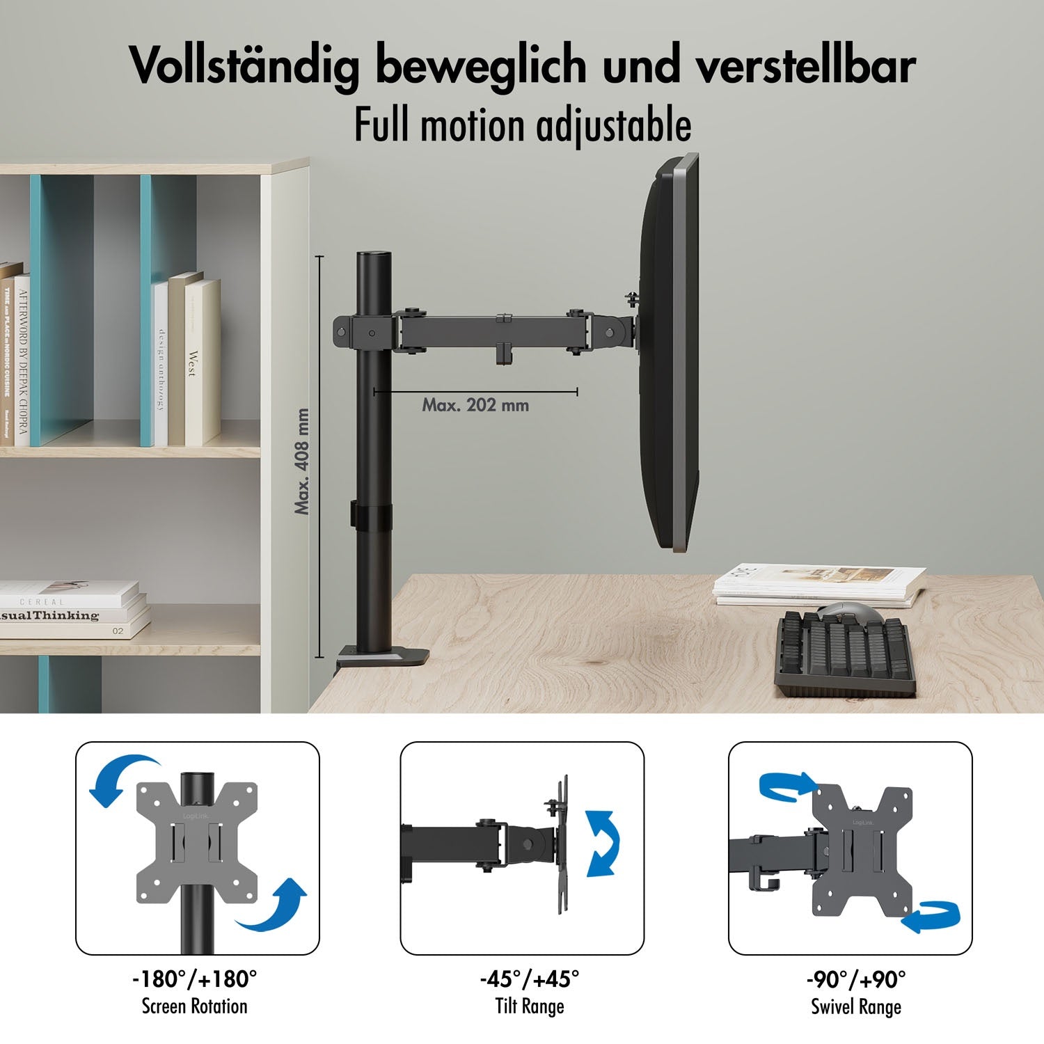 Adjustable Monitor Arm for 17–32" Screens, Black
