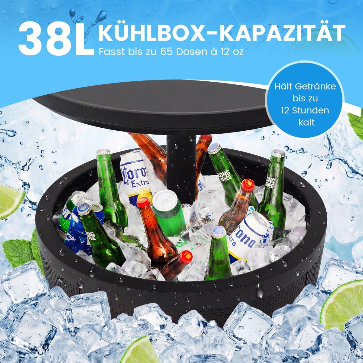 Adjustable Outdoor Cocktail Table with 38L Cooler, Black