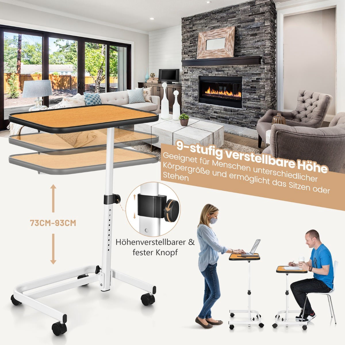 Adjustable Overbed Table on Wheels, 60.5 x 40 cm, Natural