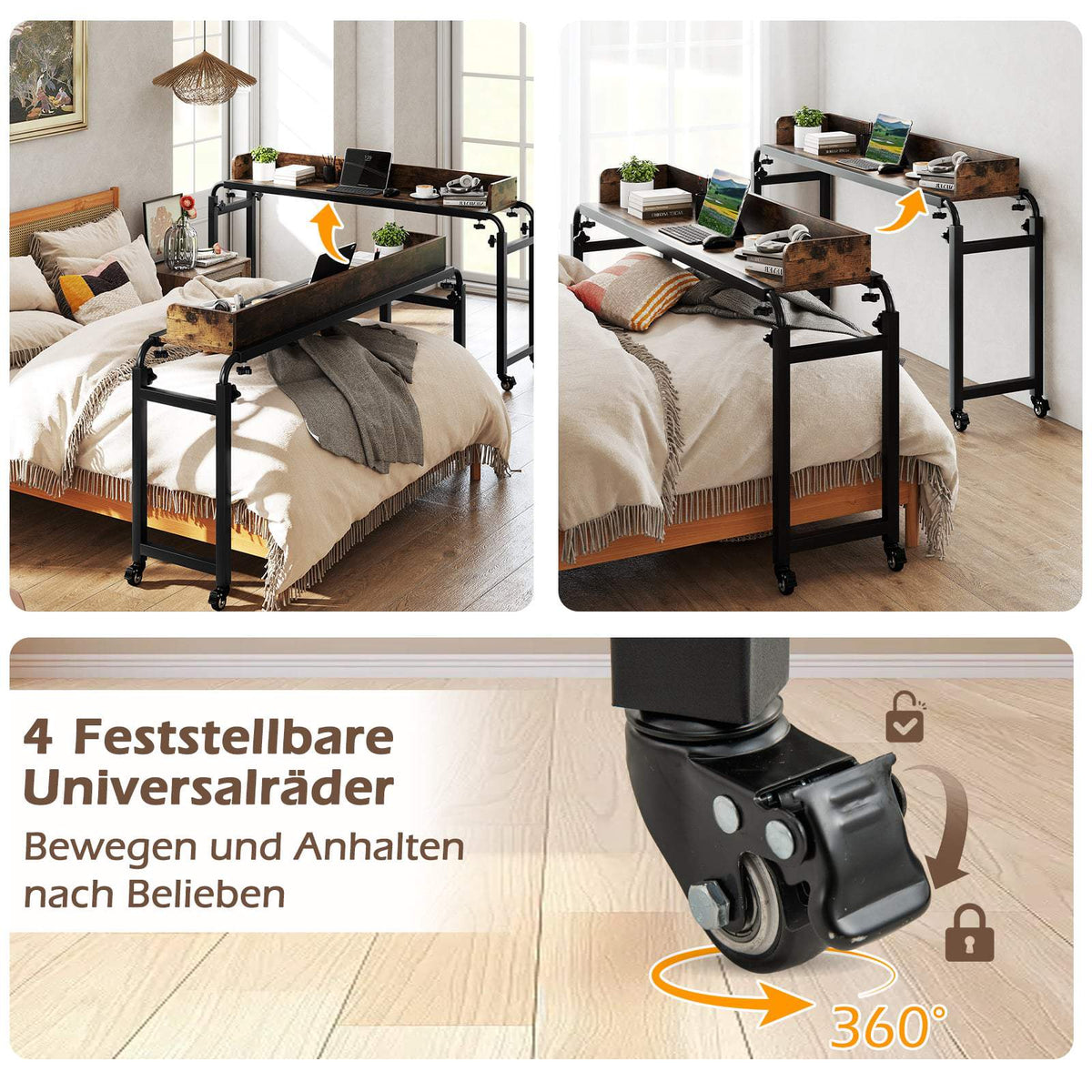 Adjustable Overbed Table with Wheels, Rustic Brown