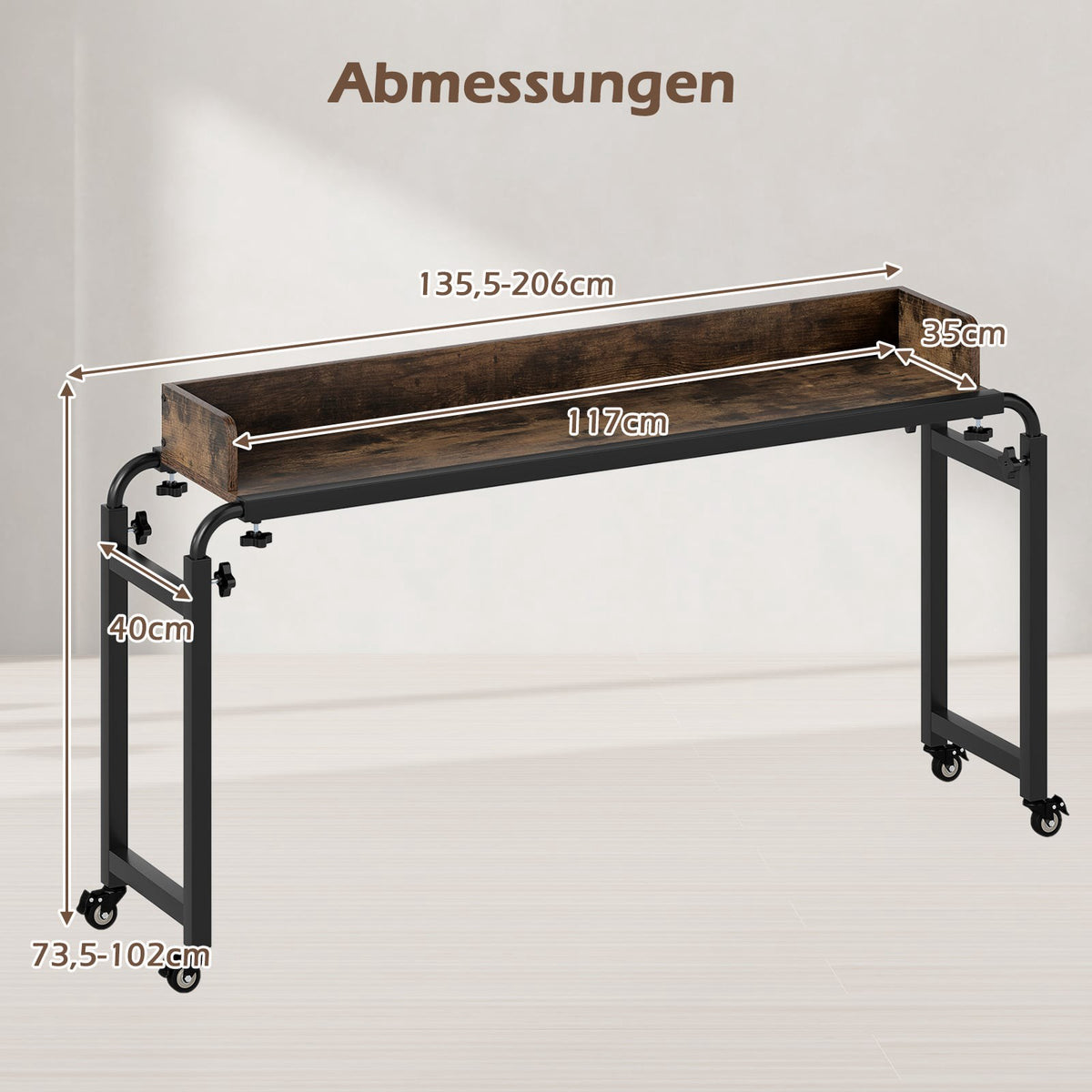 Adjustable Overbed Table with Wheels, Rustic Brown
