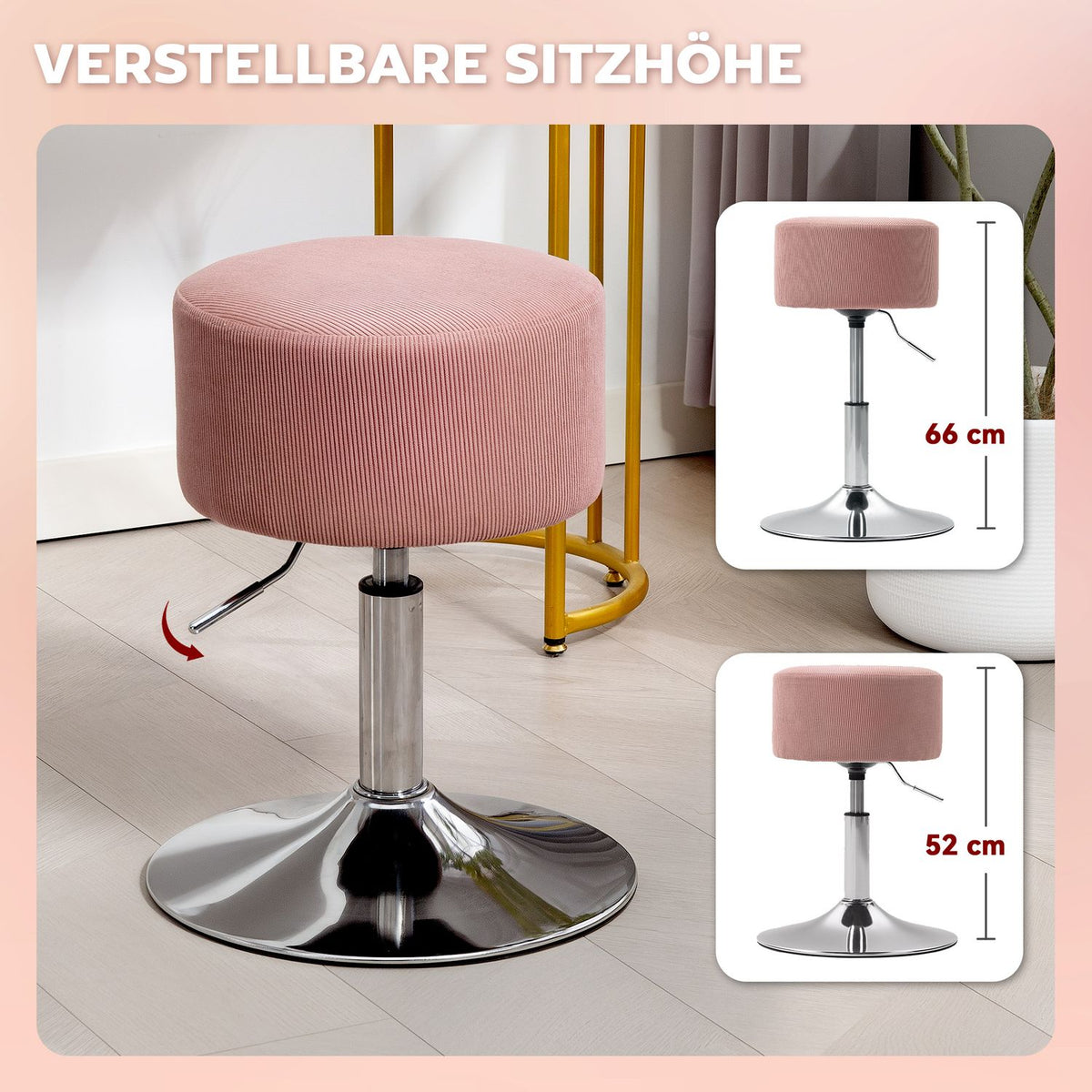 Adjustable Pink Corduroy Bar Stool, 360° Swivel, Metal Base