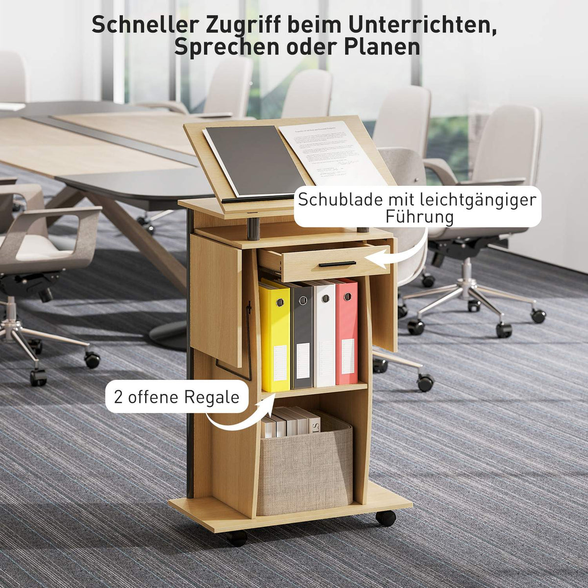 Adjustable Podium Stand with Shelves and Drawer, Oak Finish