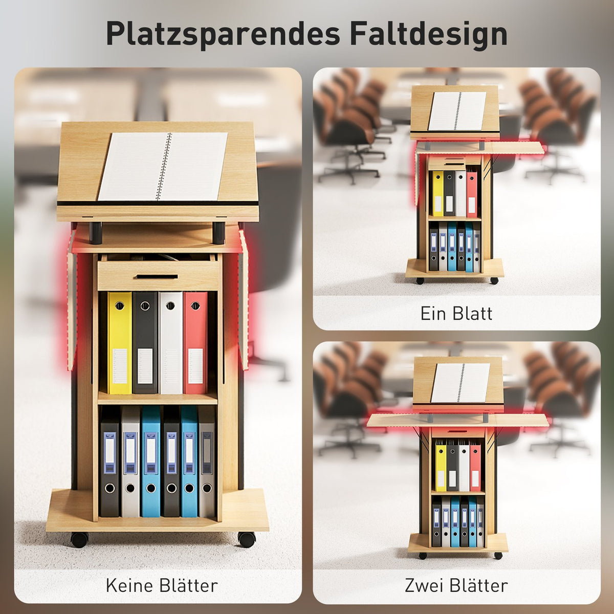 Adjustable Podium Stand with Shelves and Drawer, Oak Finish