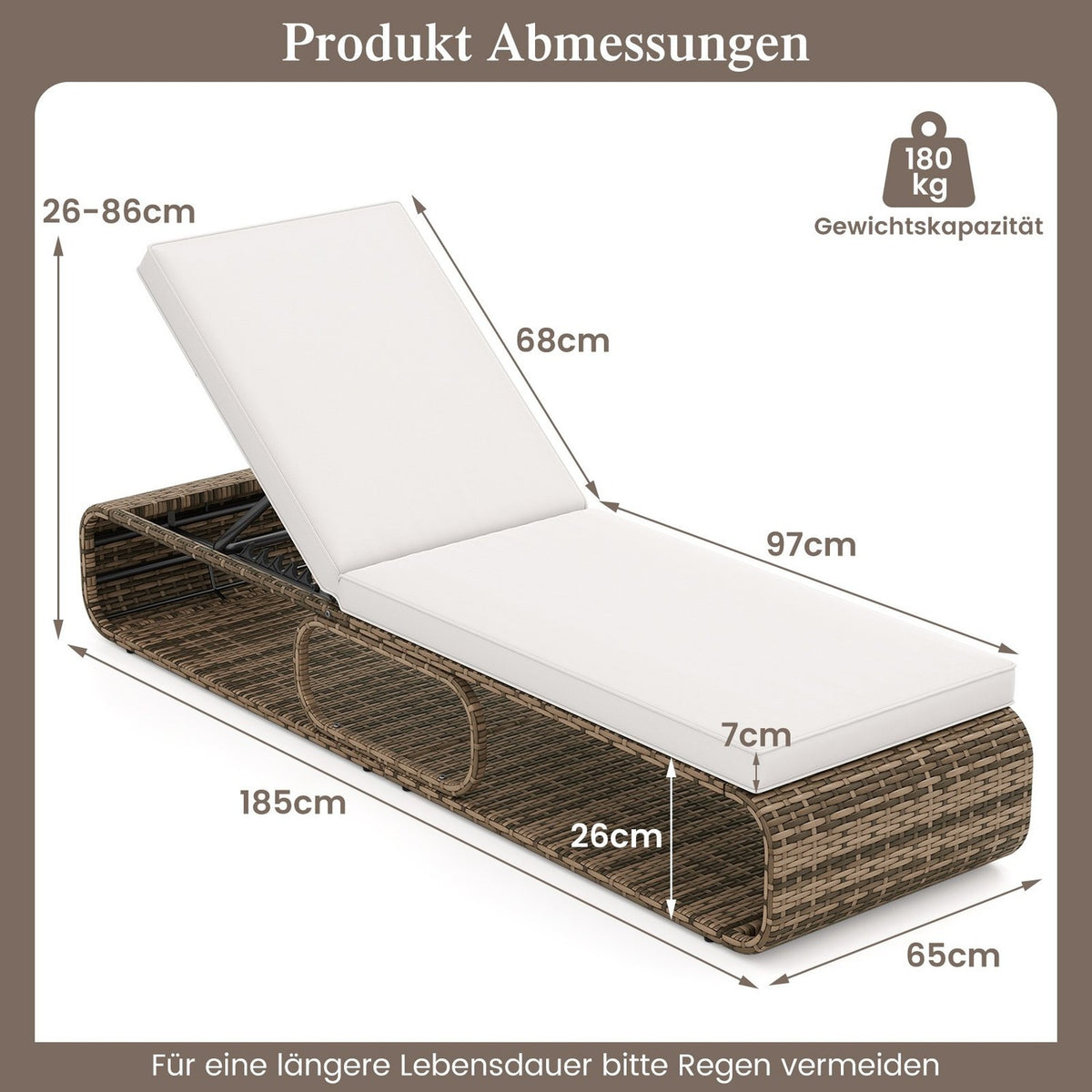 Adjustable Rattan Sun Lounger with Cushion, 180kg Capacity