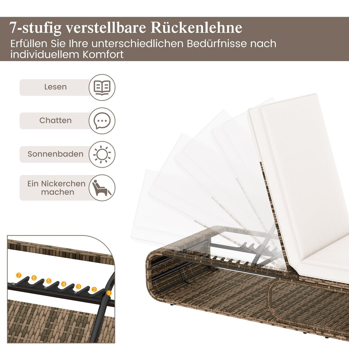 Adjustable Rattan Sun Lounger with Cushion, 180kg Capacity