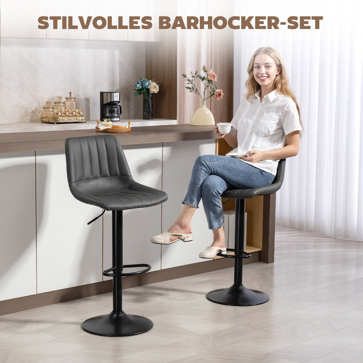 Adjustable Retro Bar Stools, Set of 2, Faux Leather, Dark Grey