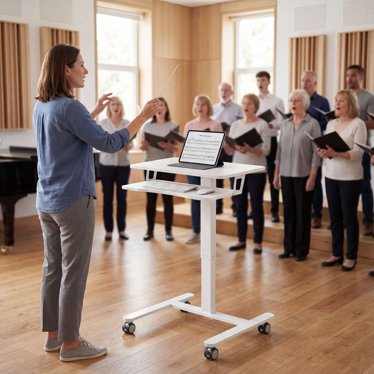 Adjustable Rolling Sit-Stand Desk with Keyboard Tray, White