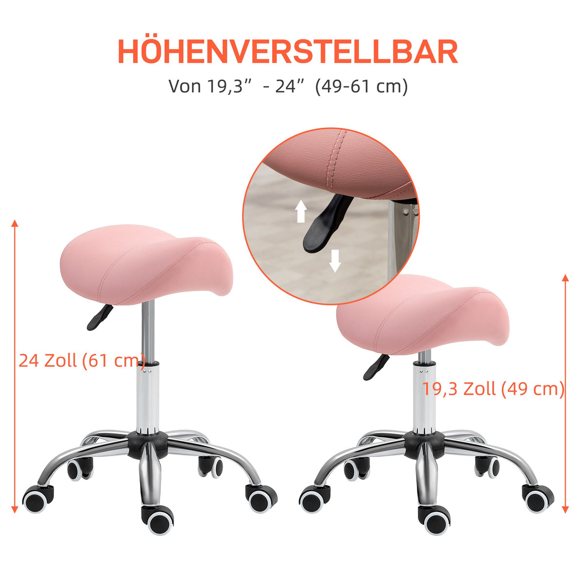 Adjustable Rolling Stool, 360 Swivel, Pink, 49-61 cm