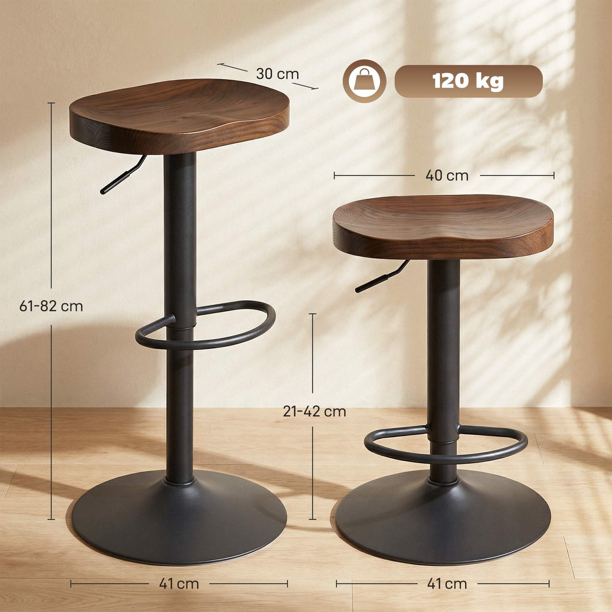 Adjustable Saddle Bar Stools, Elm Wood, Set of 2