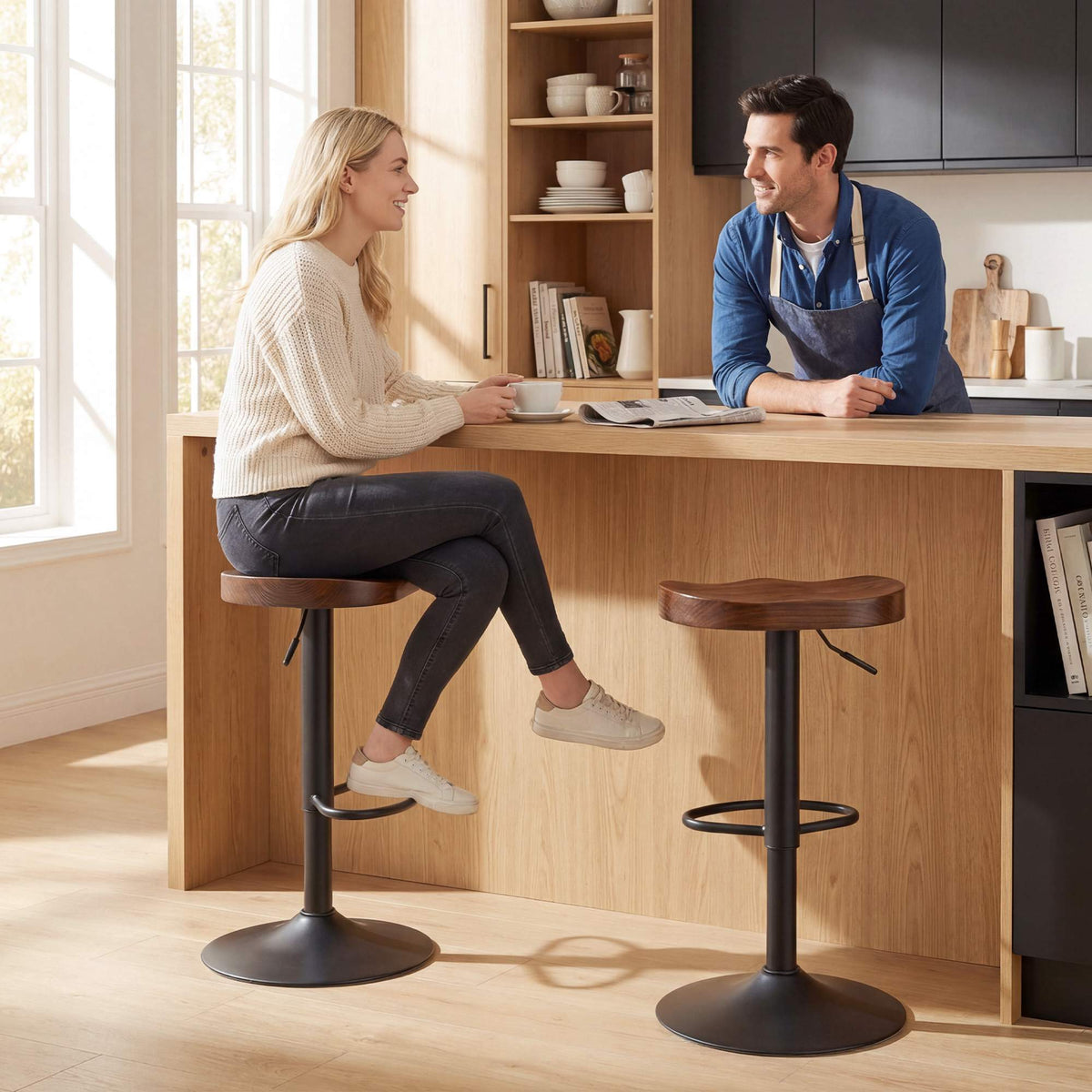 Adjustable Saddle Bar Stools, Elm Wood, Set of 2