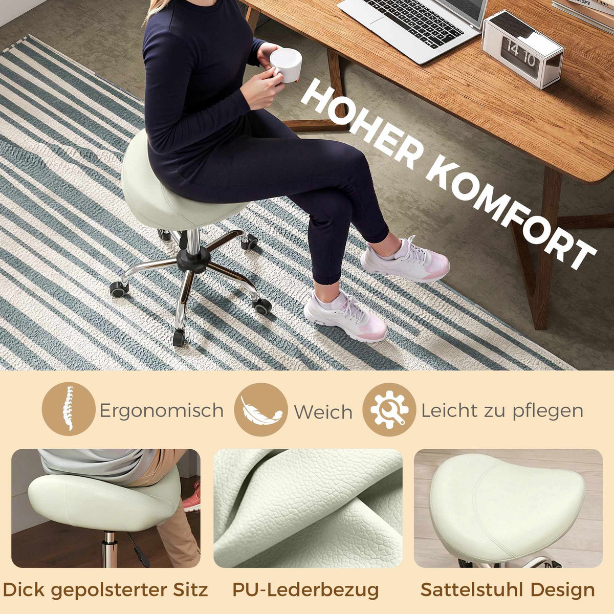 Adjustable Saddle Stool with PU Leather, Cream White
