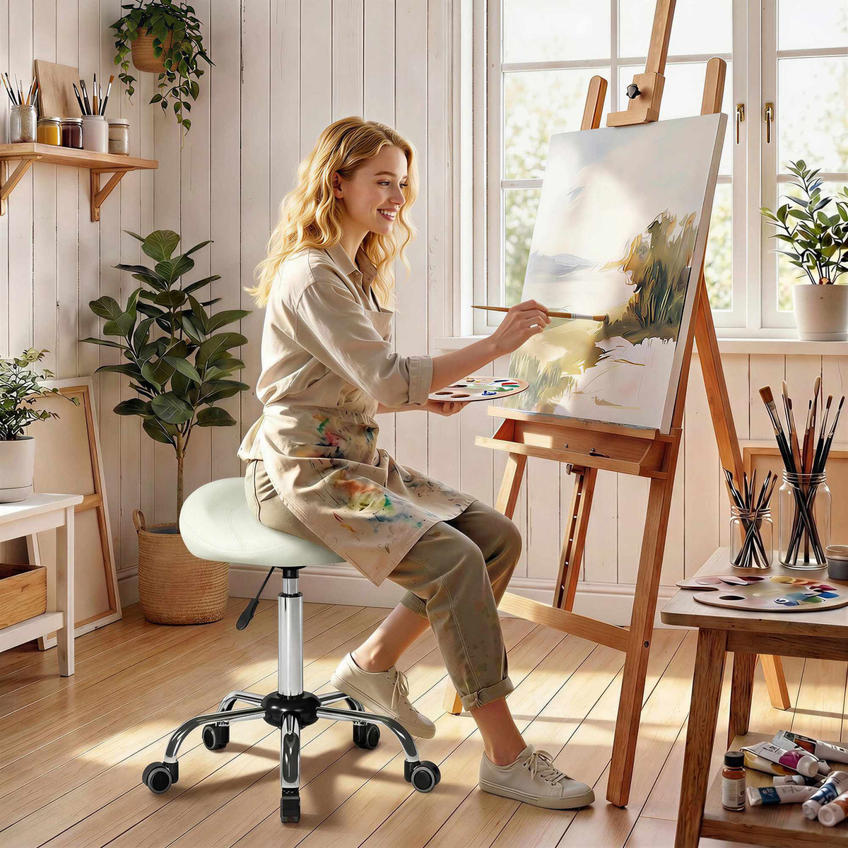 Adjustable Saddle Stool with PU Leather, Cream White