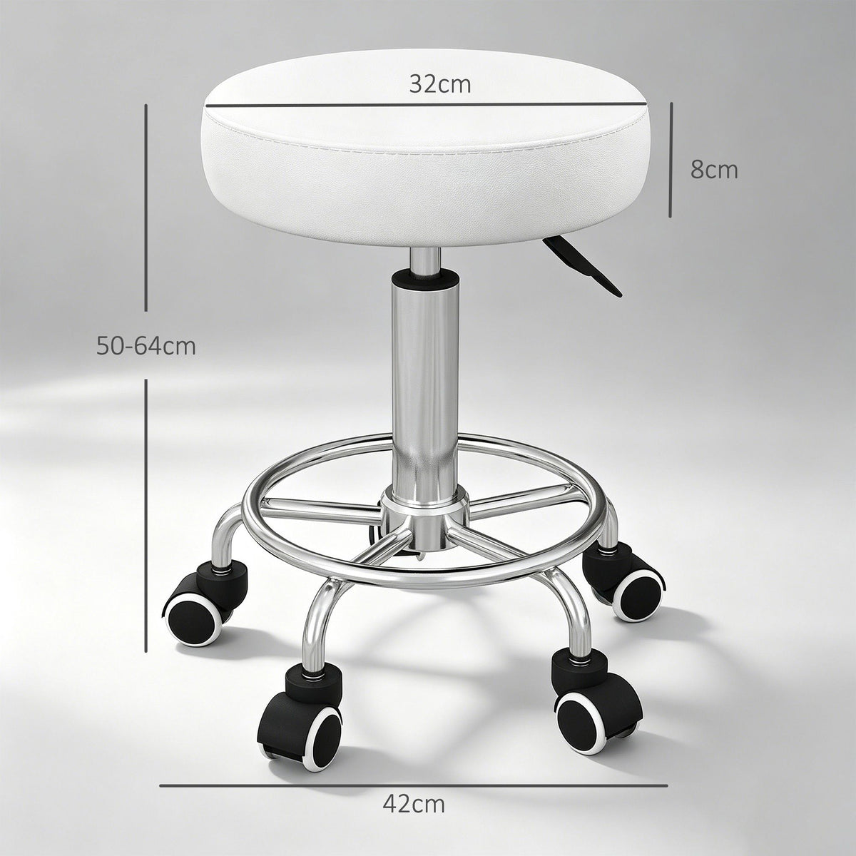 Adjustable Salon Stool, White Faux Leather, 110 kg Capacity