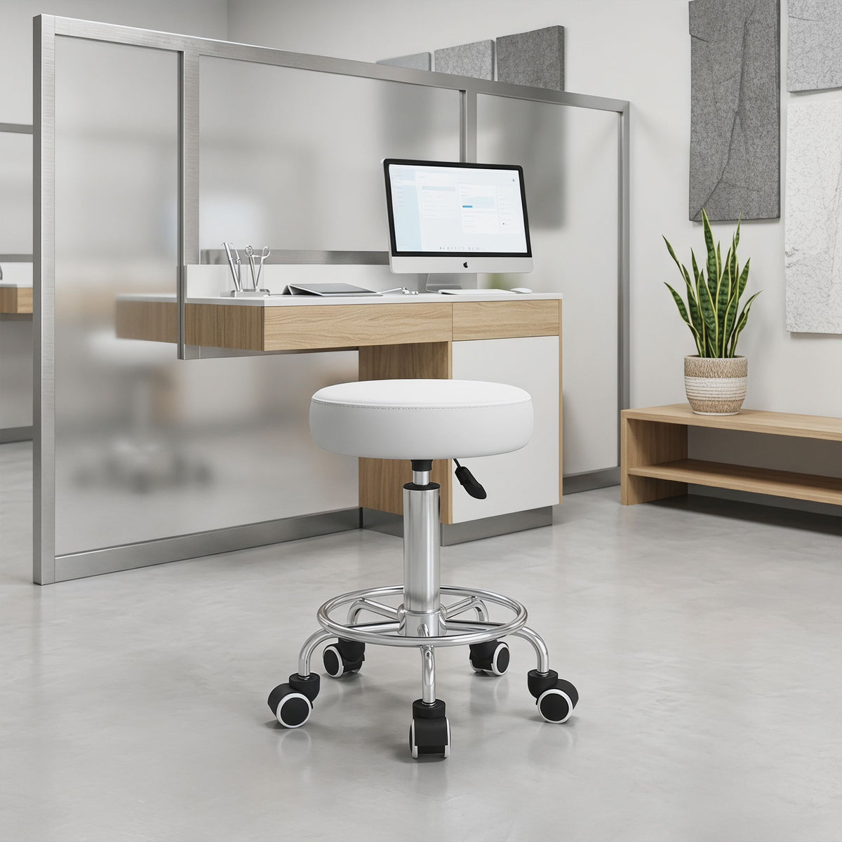 Adjustable Salon Stool, White Faux Leather, 110 kg Capacity