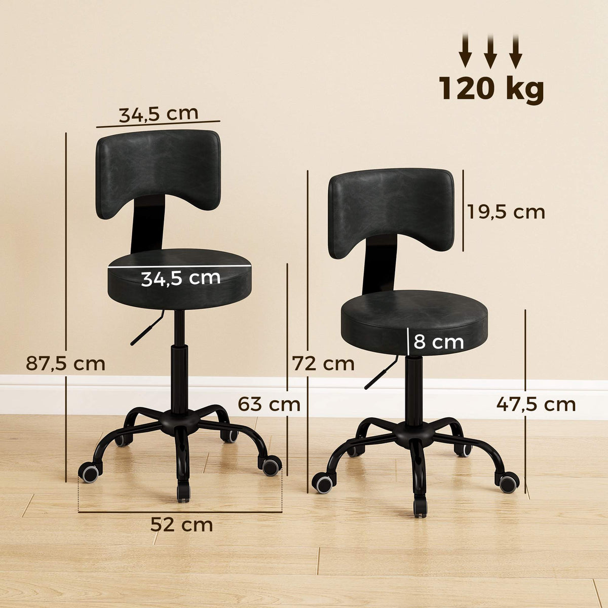 Adjustable Salon Stool with Wheels, Black PU Leather