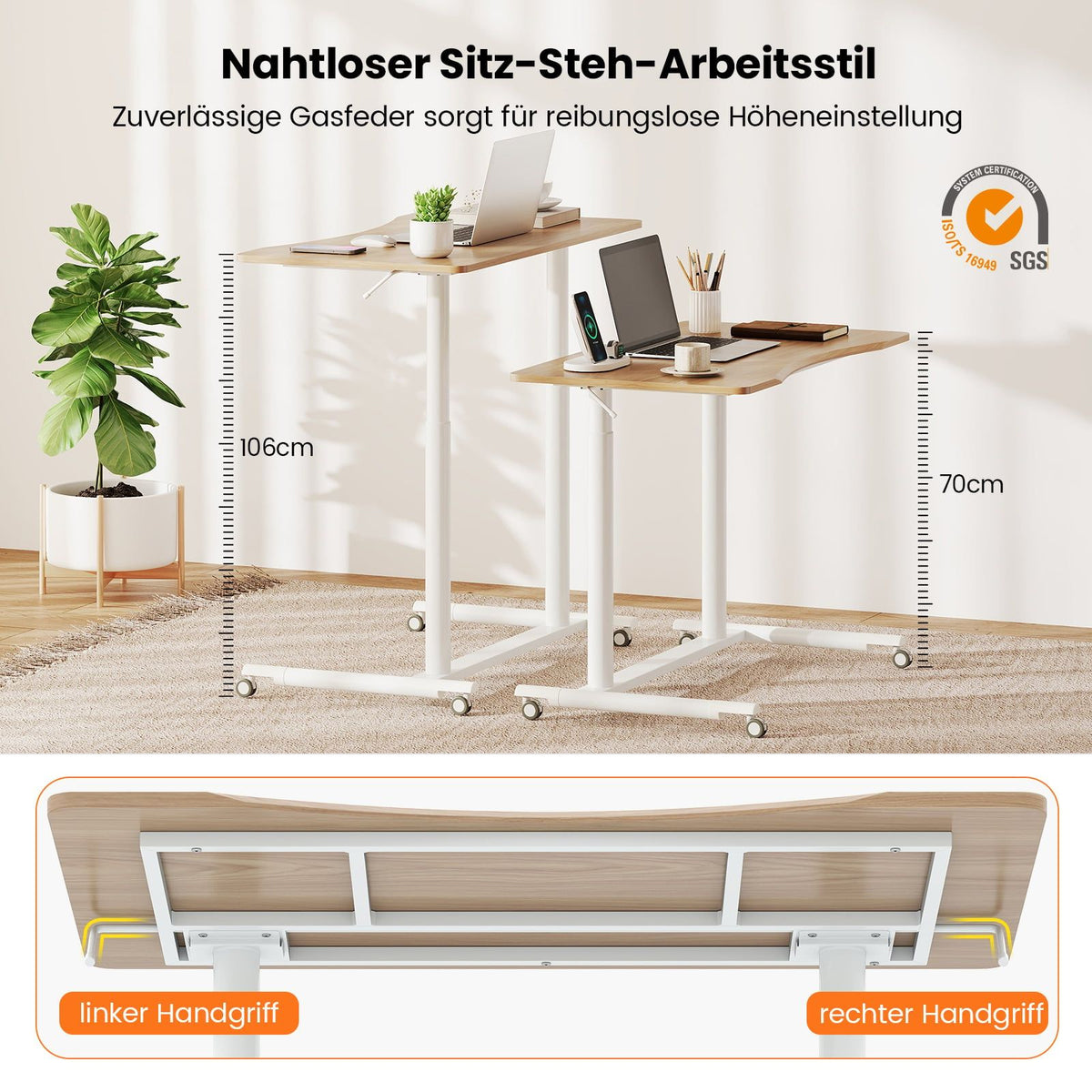 Adjustable Sit-Stand Desk, C-Shape, 70-106 cm, Mobile