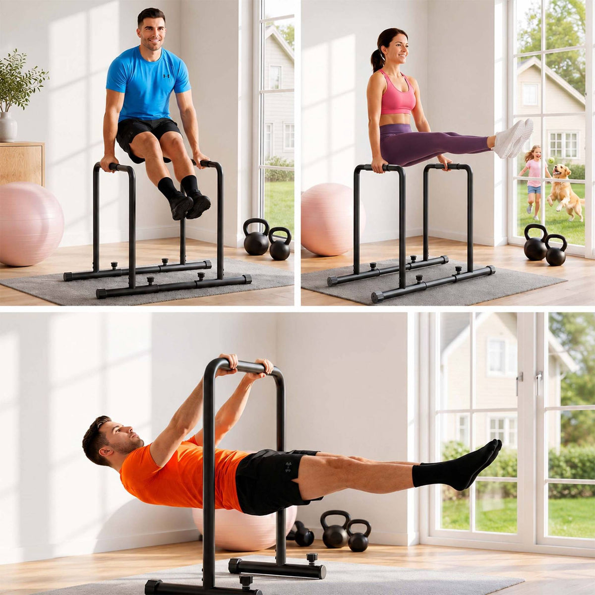 Adjustable Steel Dip Bars with Non-Slip Grips, Black