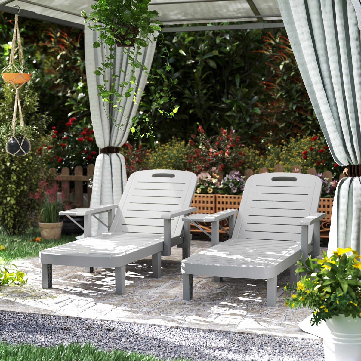 Adjustable Sun Lounger with Side Table, Light Grey