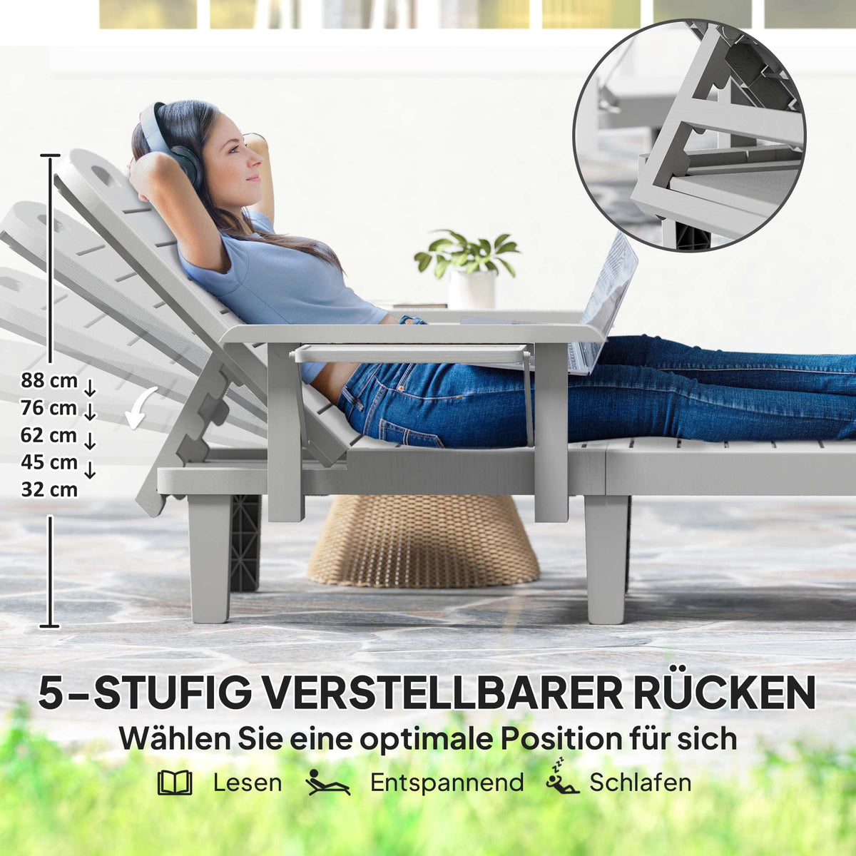 Adjustable Sun Lounger with Side Table, Light Grey