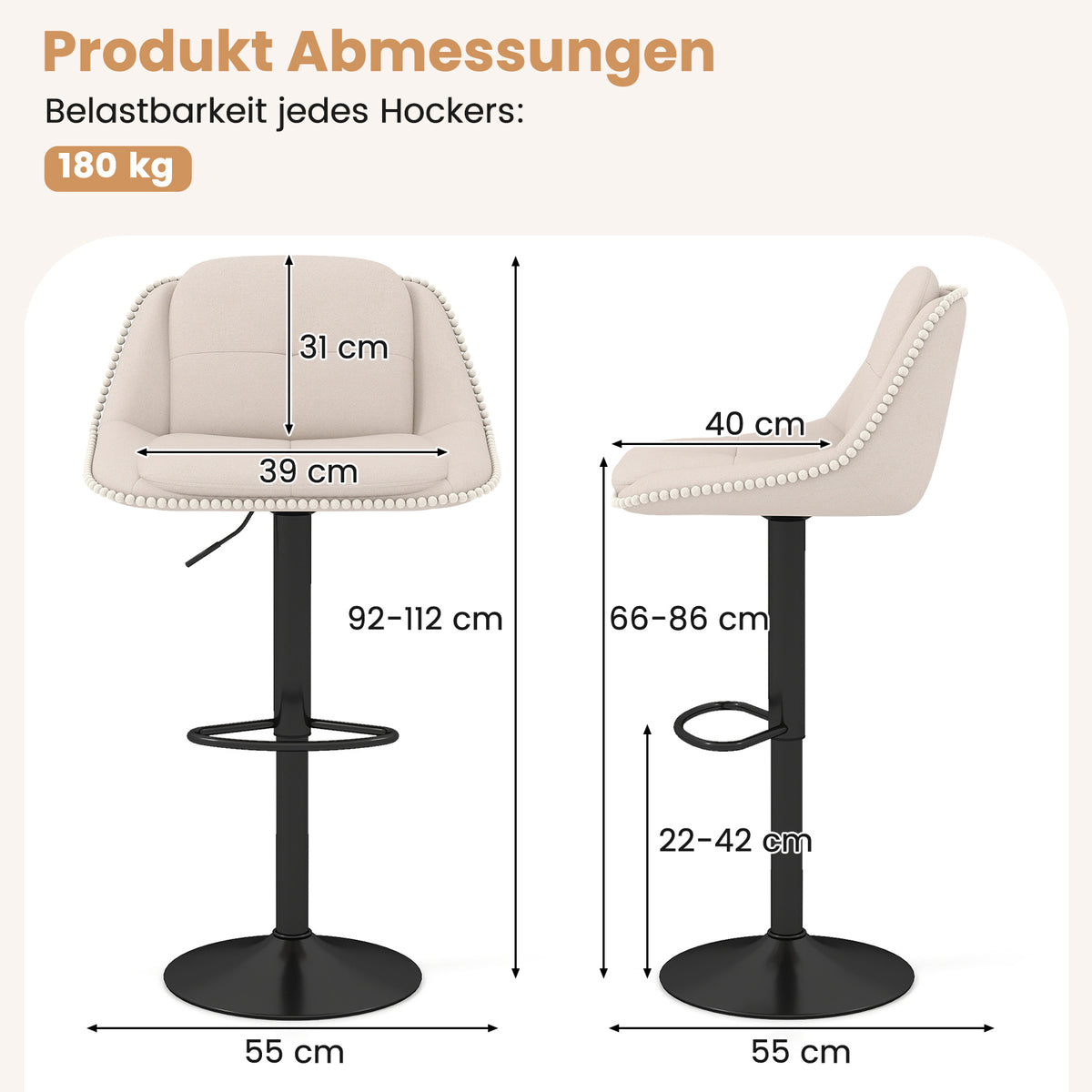 Adjustable Swivel Bar Stools, Set of 2, Beige