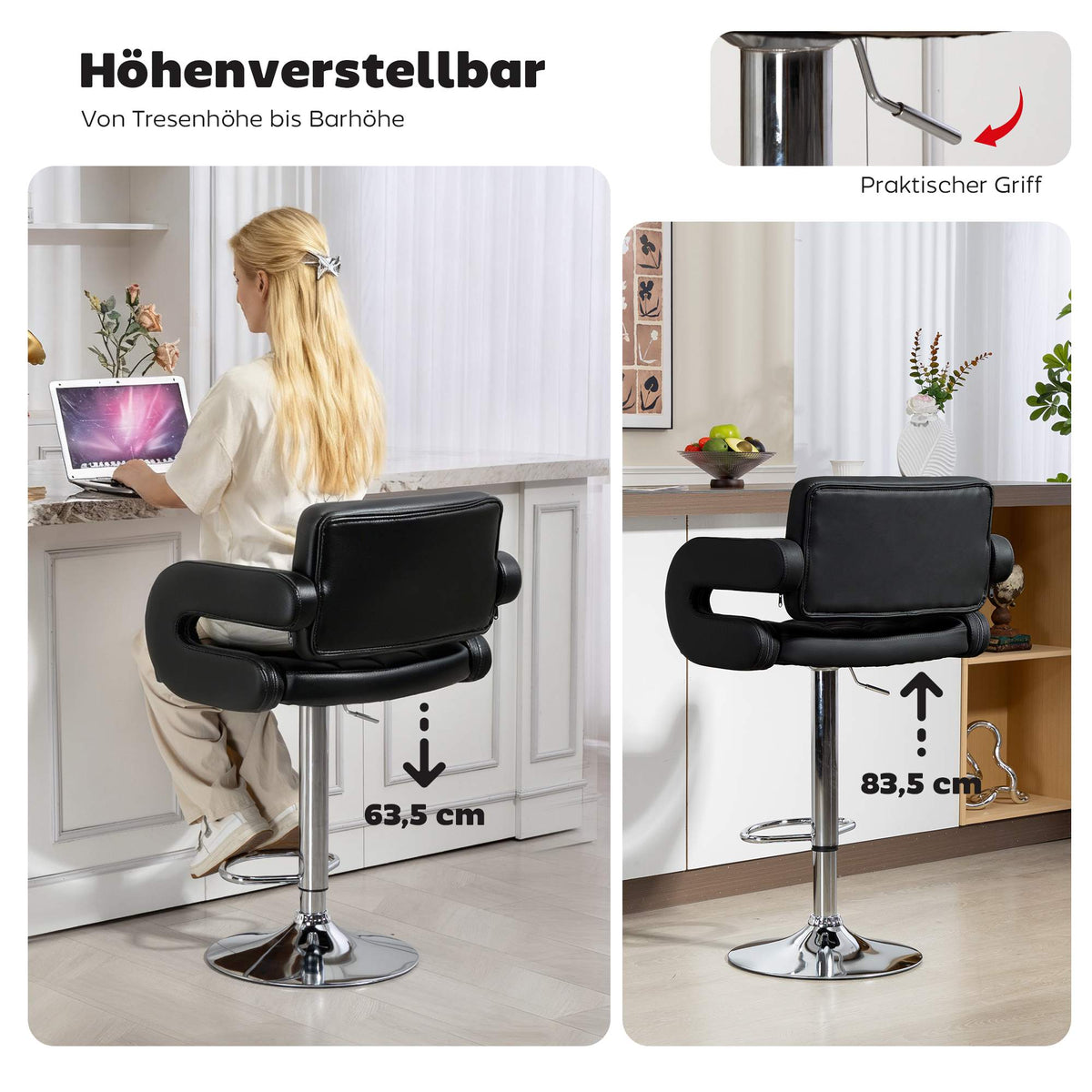 Adjustable Swivel Bar Stool with Backrest, Black, Metal Frame
