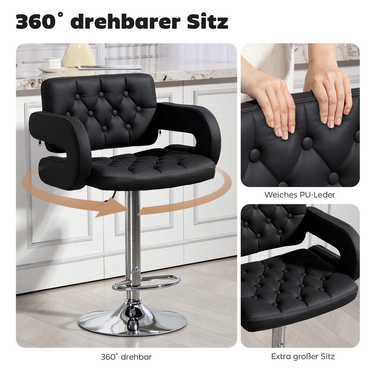 Adjustable Swivel Bar Stool with Backrest, Black, Metal Frame