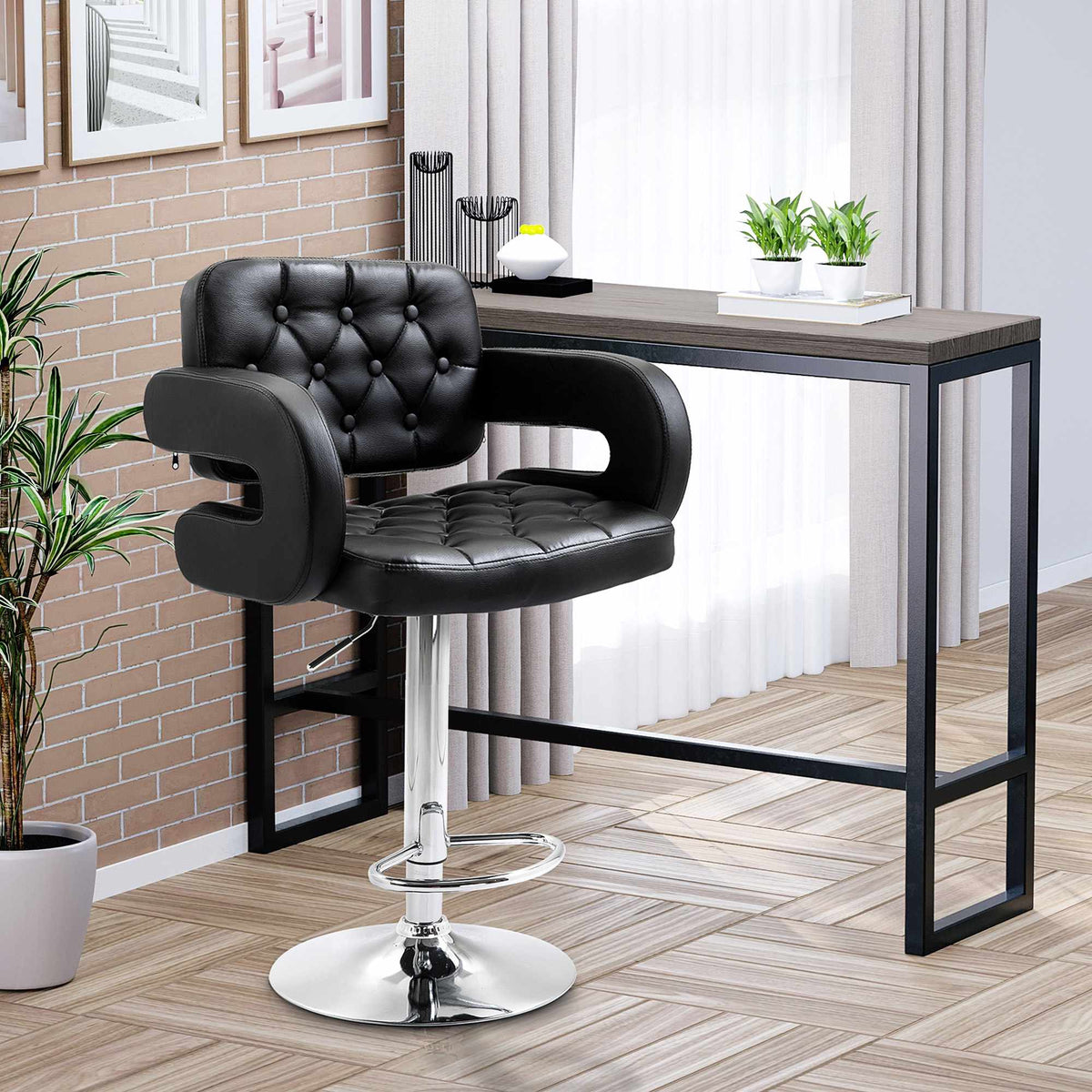 Adjustable Swivel Bar Stool with Backrest, Black, Metal Frame