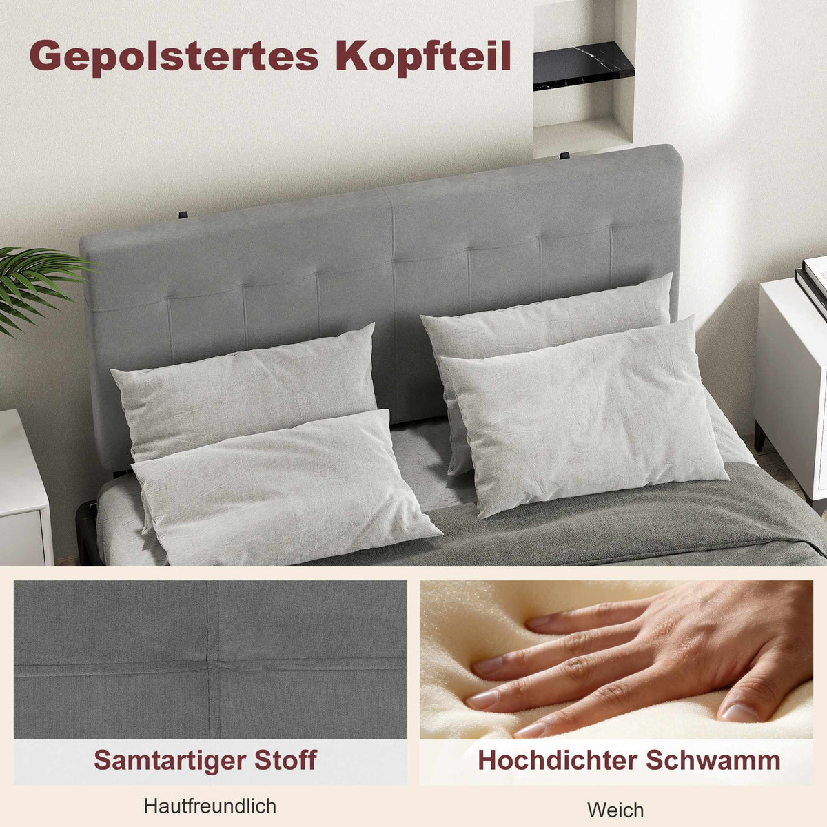 Adjustable Velvet Headboard with Metal Legs, 140 cm, Gray