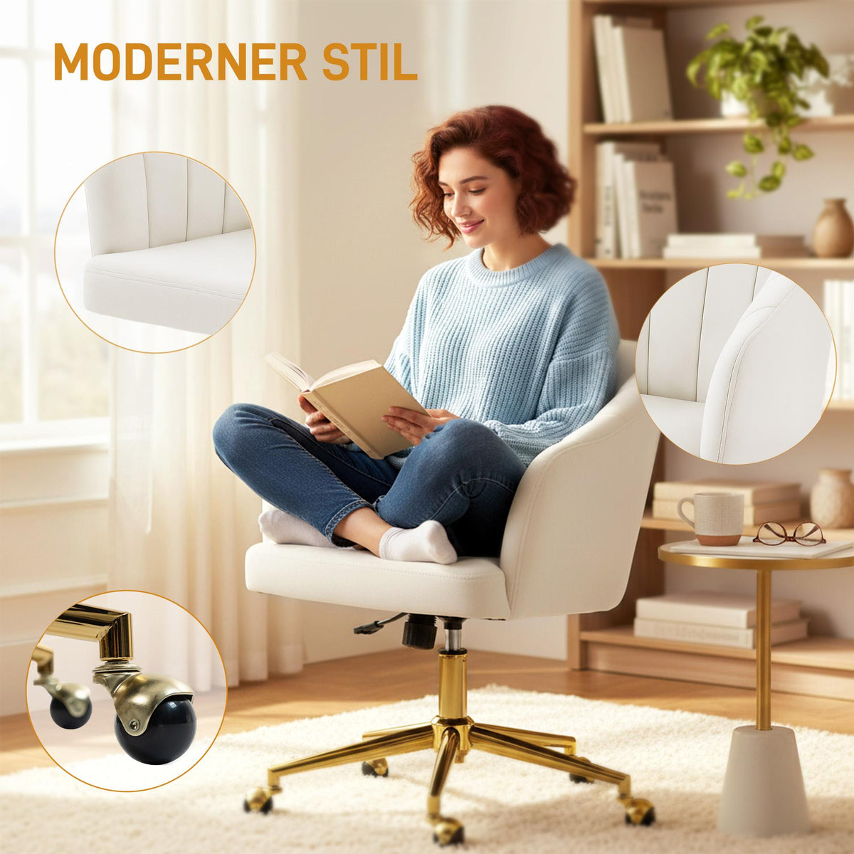Adjustable Velvet Office Chair, Foam Padding, Cream White