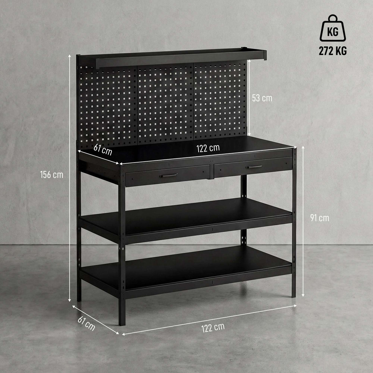 Adjustable Workbench with Pegboard & Shelves, Black, 122x61x156 cm