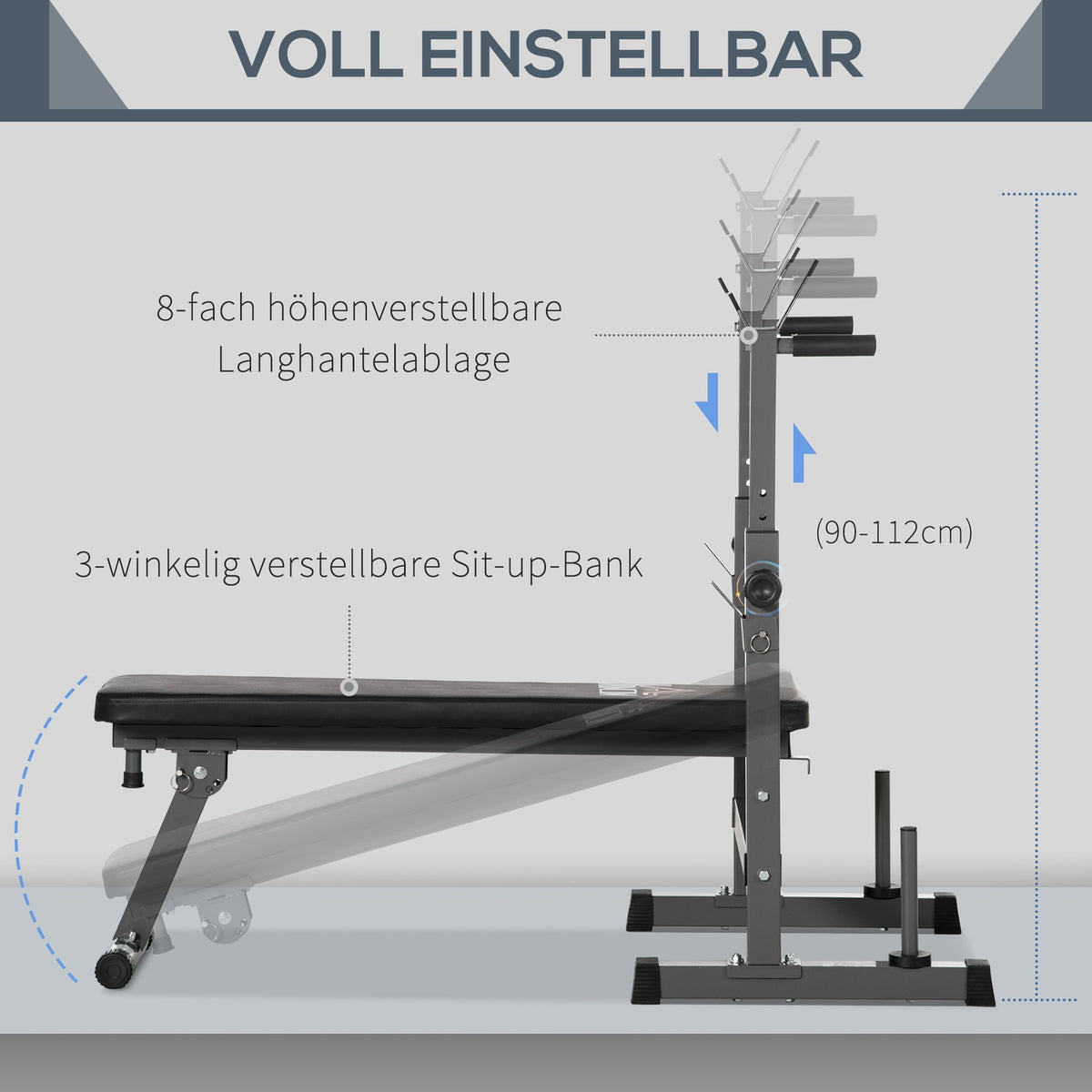 Adjustable folding weight bench with dumbbell rack Fitness bench for home made of steel in black and gray