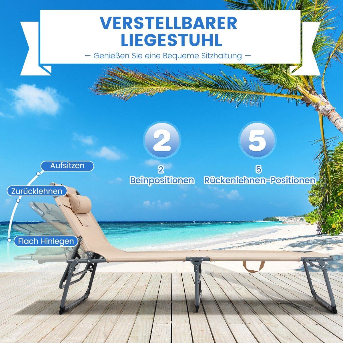 Adjustable sun lounger folding beach lounger with cushion 194 x 61 x 35.5 - 86.5 cm beige