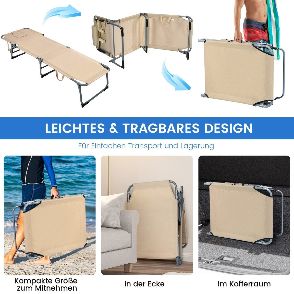 Adjustable sun lounger folding beach lounger with cushion 194 x 61 x 35.5 - 86.5 cm beige