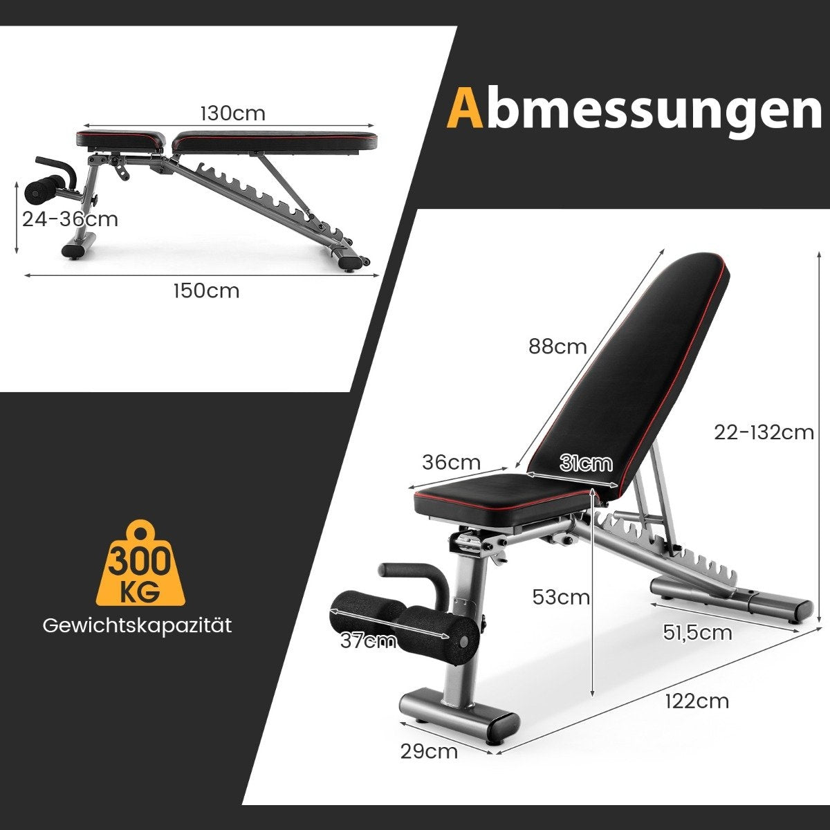Adjustable weight bench with 2 transport wheels, full body training bench, black