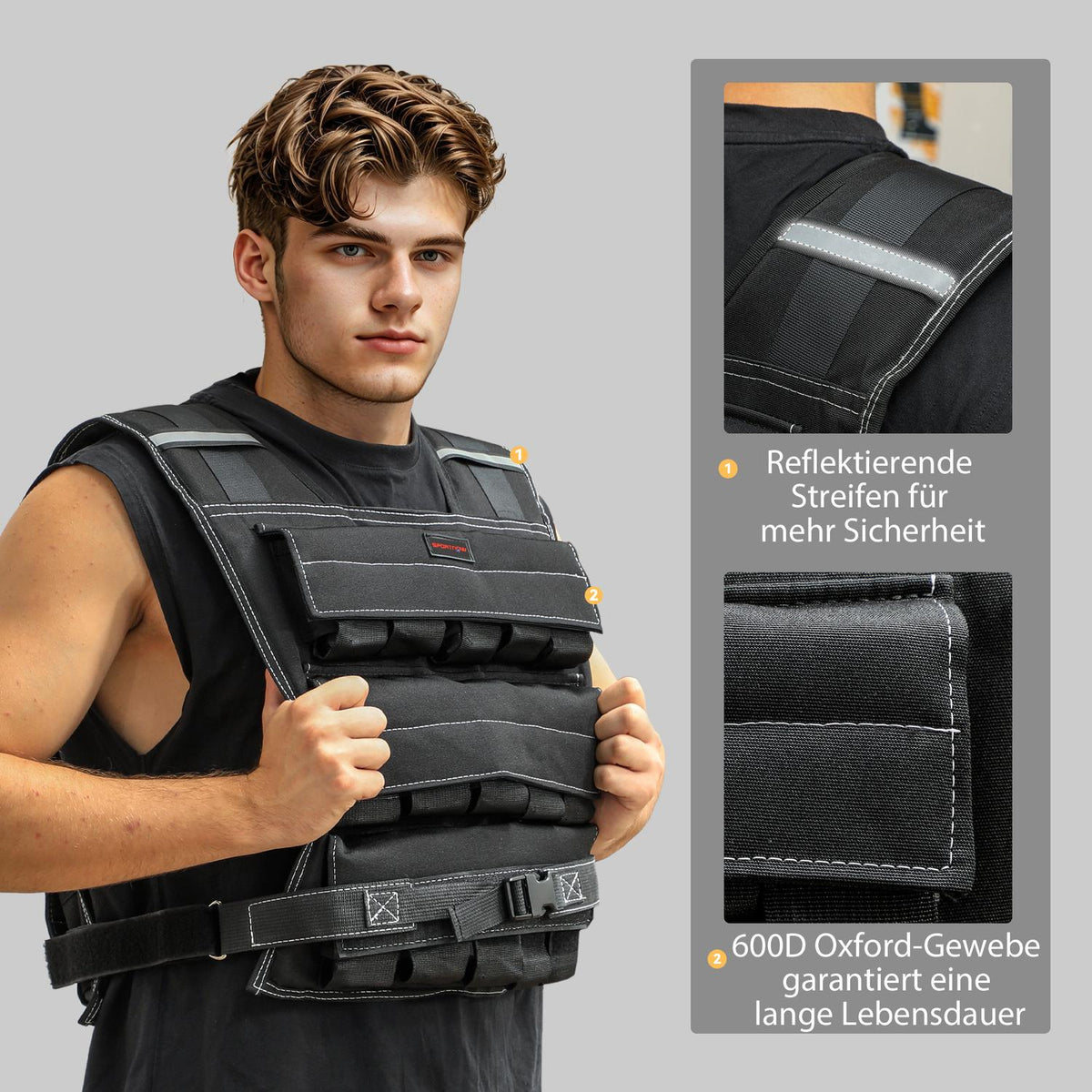 Adjustable weight vest 20kg with reflective strips, training vest, running vest for weightlifting, running and fitness, body weight training, men and women