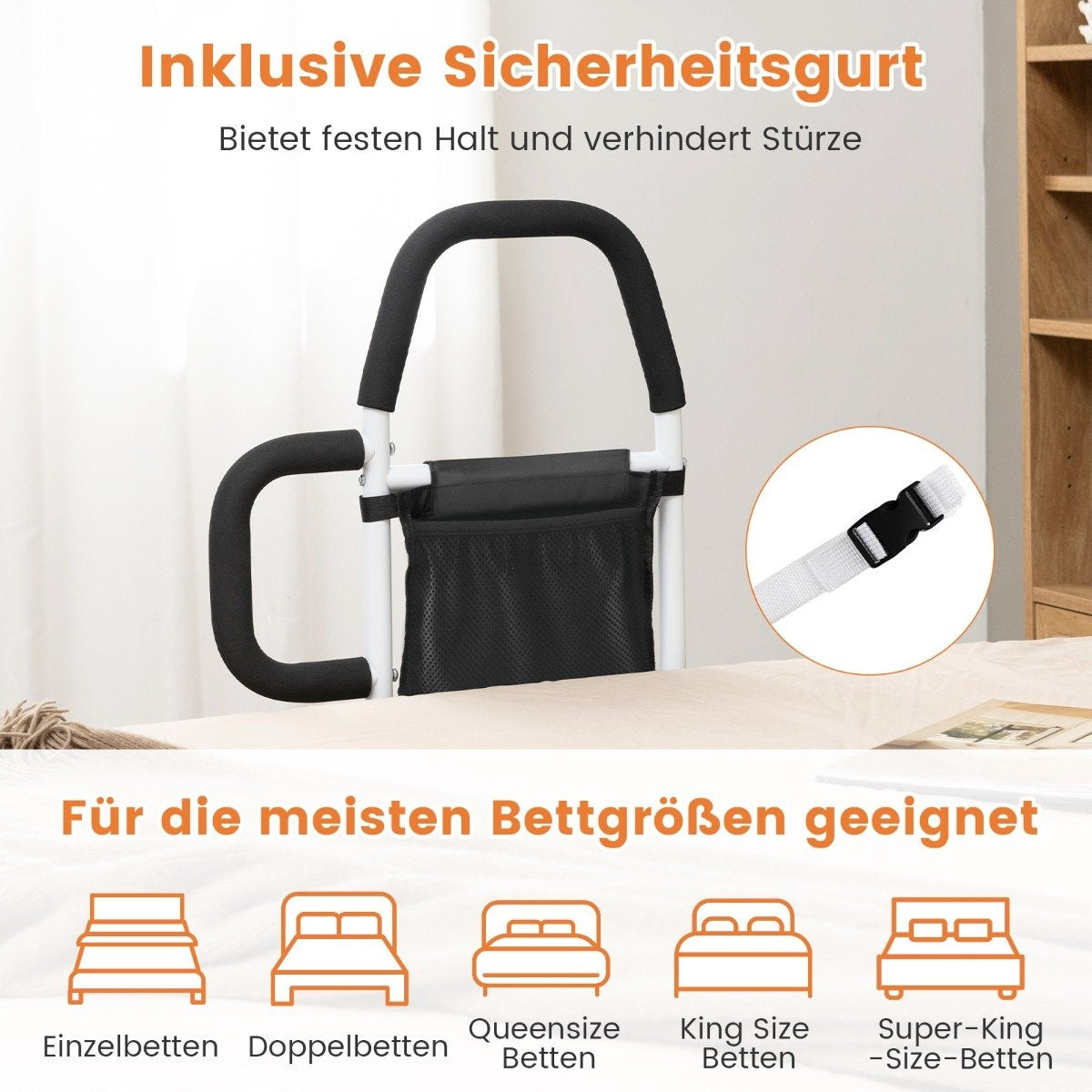 Adult bed rail fall protection with 2 handrails & bag & fastening strap up to 136 kg