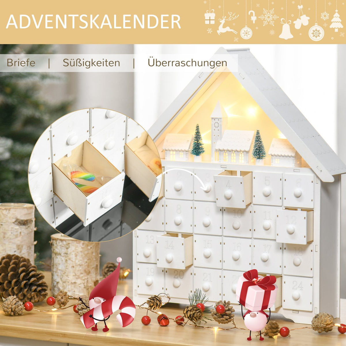 Advent Calendar For Filling 24 Drawer Compartments Christmas Calendar With Led Lights 2-In-1 Design Christmas Decoration White 39 X 9 X 42 Cm