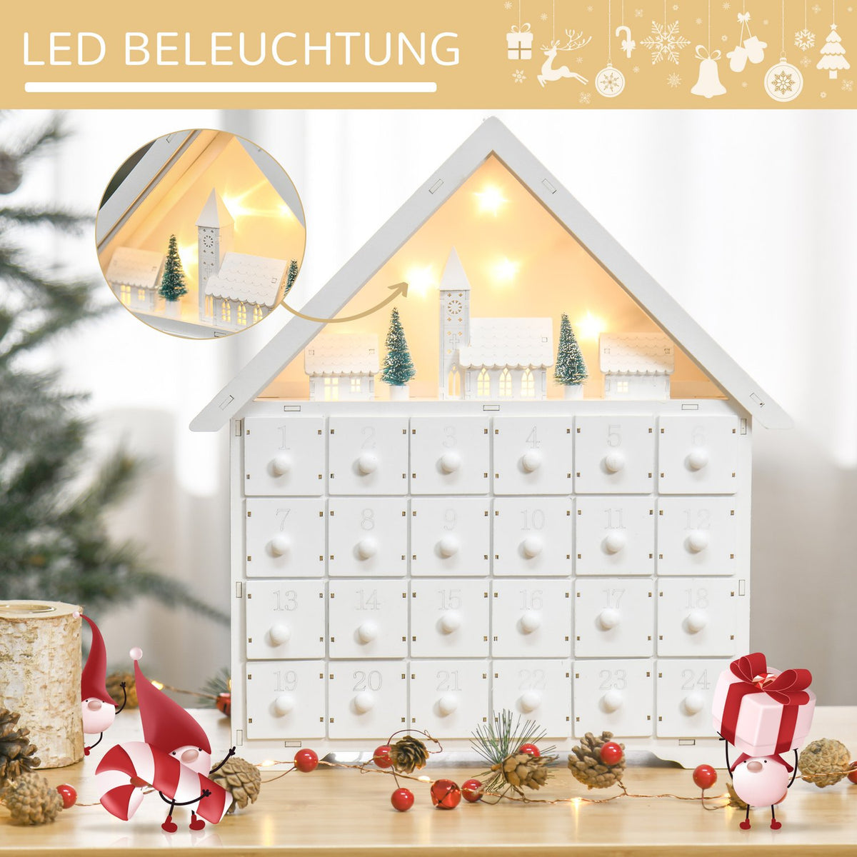Advent Calendar For Filling 24 Drawer Compartments Christmas Calendar With Led Lights 2-In-1 Design Christmas Decoration White 39 X 9 X 42 Cm