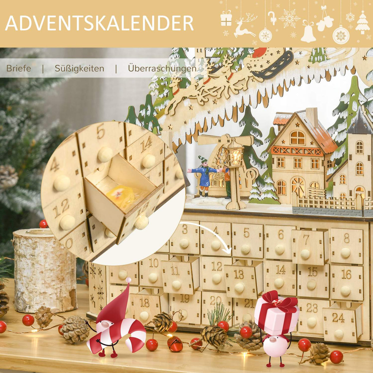 Advent Calendar For Filling 24 Drawer Compartments Christmas Calendar With Led Lights Advent Calendar Box Christmas Decoration Diy 45X13X43 Cm