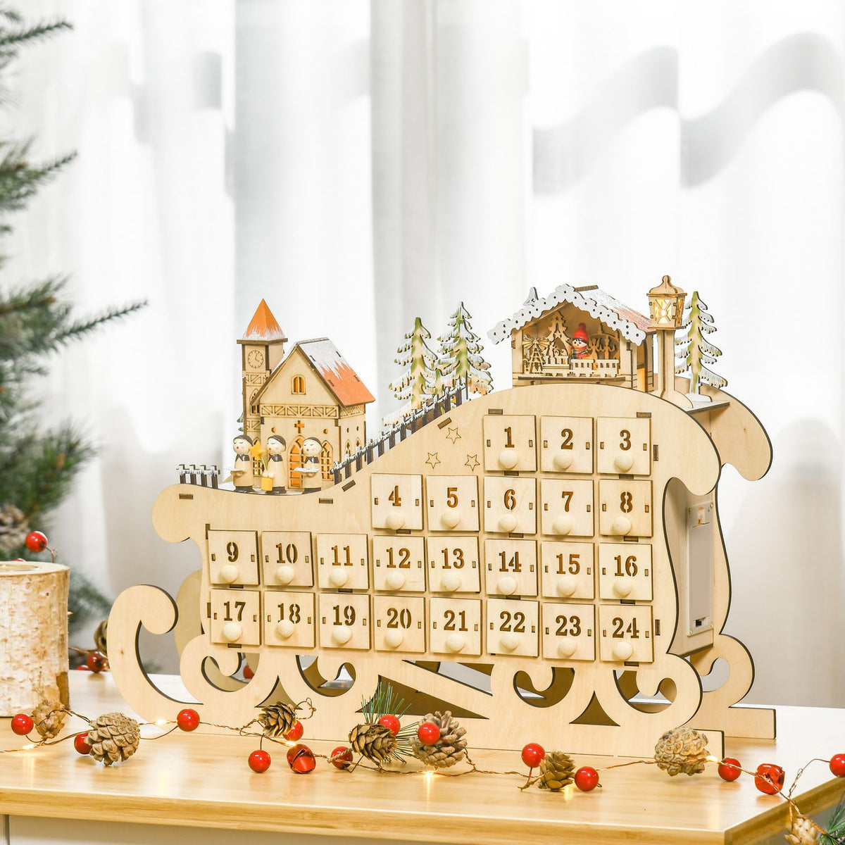 Advent Calendar For Filling 24 Drawer Compartments Christmas Calendar With Led Lights Sleigh Shape Christmas Decoration Diy 45 X 10 X 31 Cm