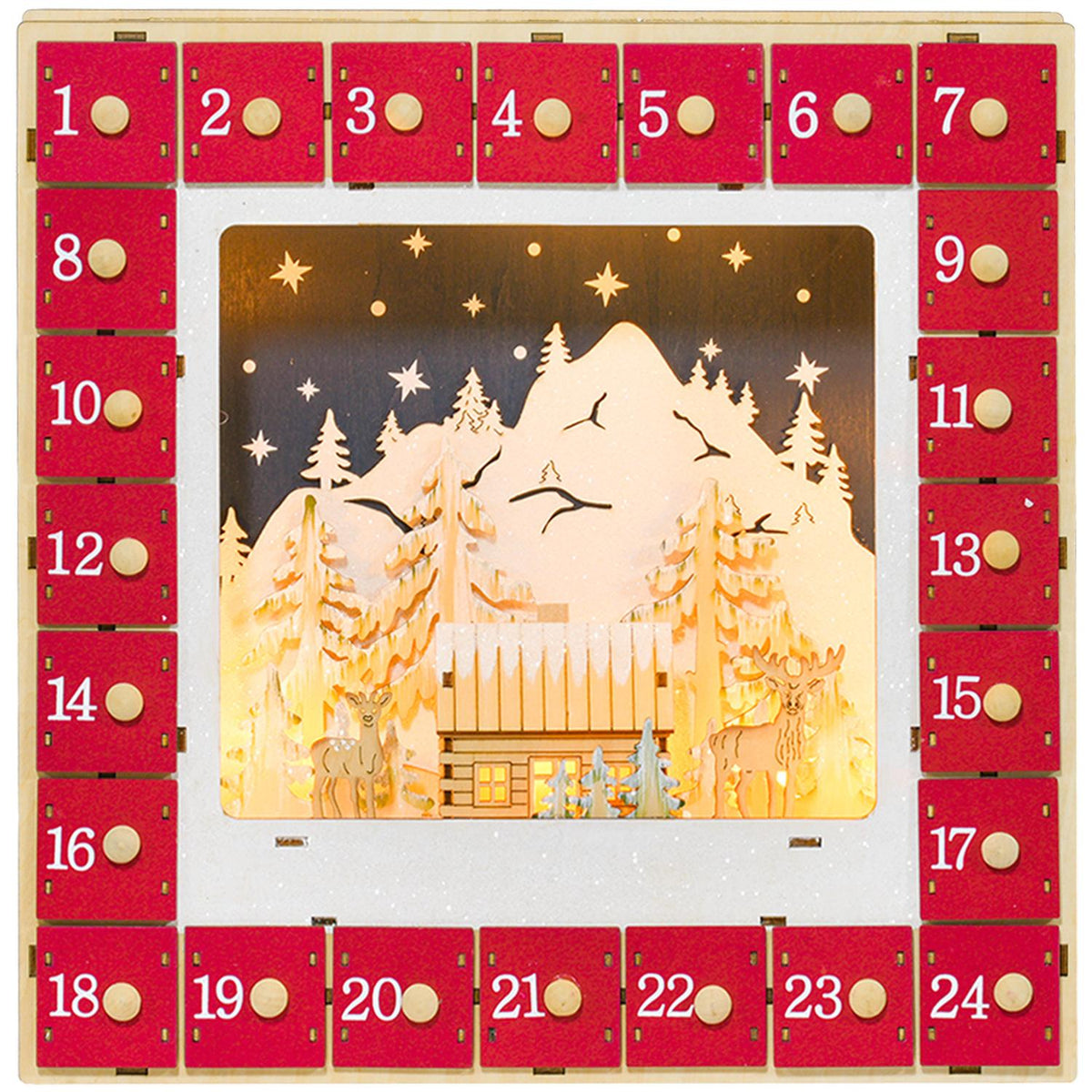 Advent Calendar for Filling 24 Drawer Compartments Christmas Calendar with LED Lights Advent Calendar Box Christmas Decoration DIY MDF 34 x 7 x 34 cm Red