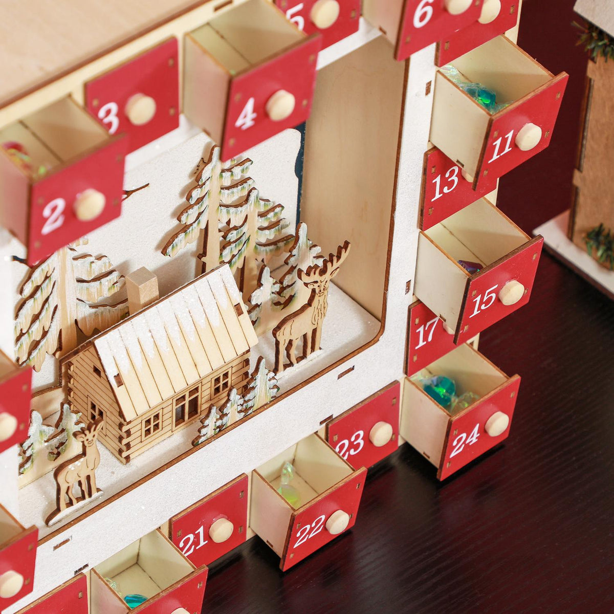 Advent Calendar for Filling 24 Drawer Compartments Christmas Calendar with LED Lights Advent Calendar Box Christmas Decoration DIY MDF 34 x 7 x 34 cm Red