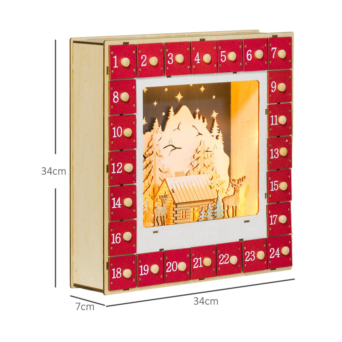 Advent Calendar for Filling 24 Drawer Compartments Christmas Calendar with LED Lights Advent Calendar Box Christmas Decoration DIY MDF 34 x 7 x 34 cm Red