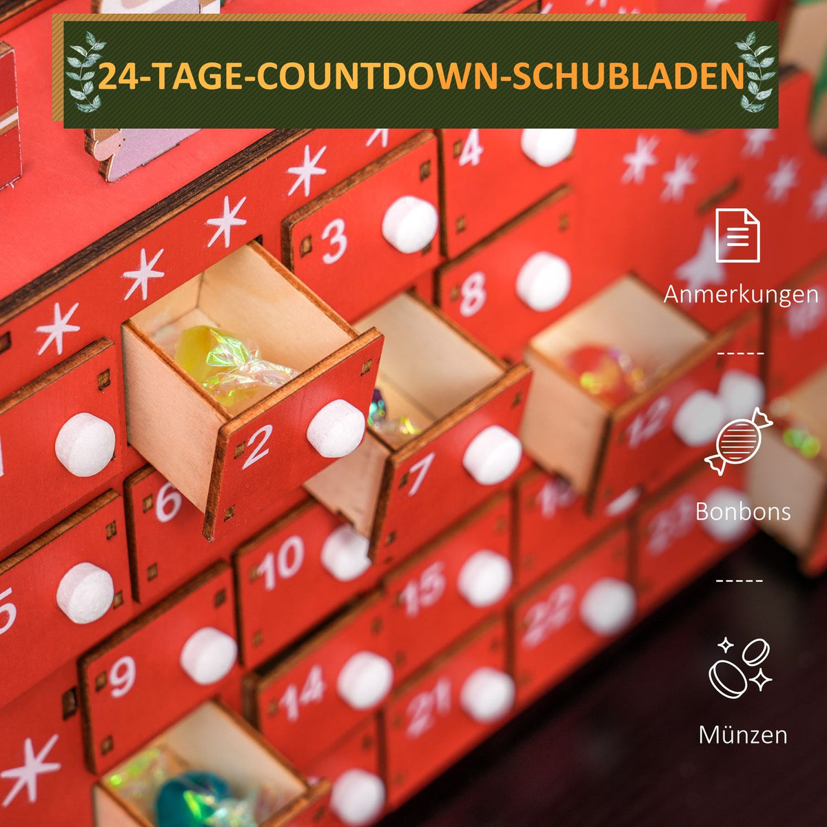 Advent calendar for filling 24 drawer compartments Christmas calendar Advent calendar box Christmas decoration DIY MDF board red 22.5 x 8 x 36 cm