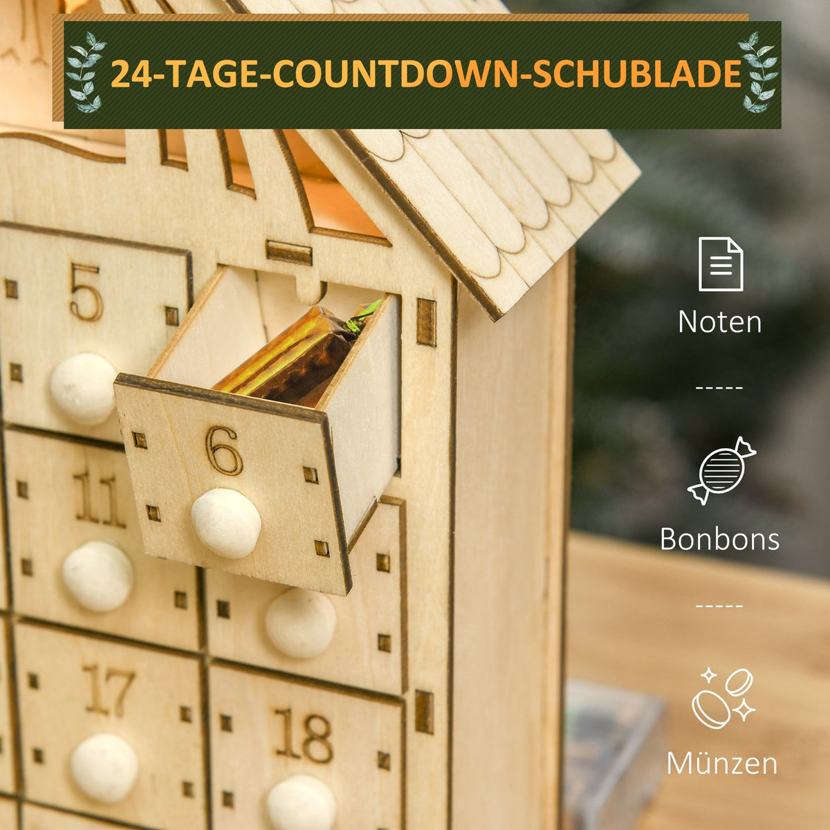 Advent calendar for filling 24 drawer compartments Christmas calendar with LED lights Advent calendar box Christmas decoration DIY MDF board natural wood 26.6 x 6 x 30 cm