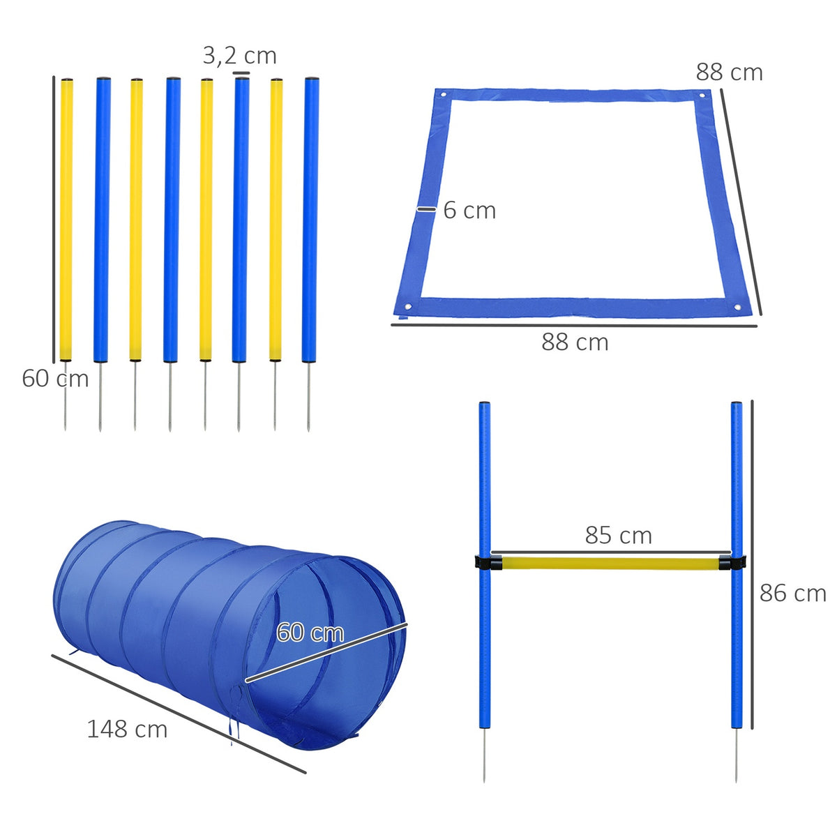 Agility Exercise Set Slalom Hurdle Tunnel Dog Sports Training Area Pe+Polyester Blue+Yellow