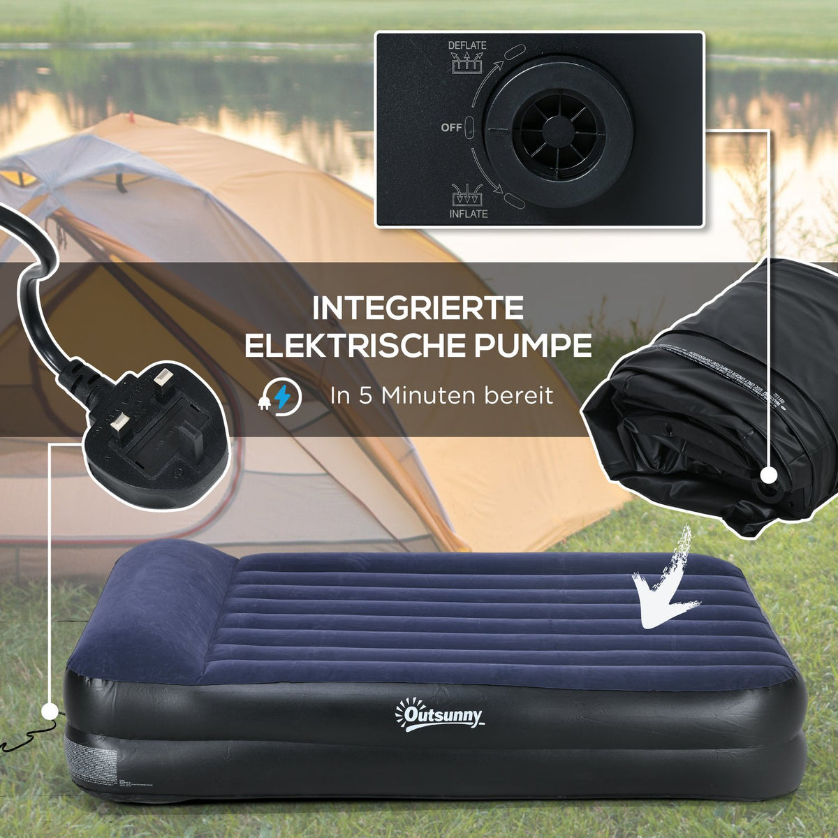 Air Bed Double Air Mattress For 2 People With Electric Pump & Pillow, Dark Blue, 203X152X46Cm